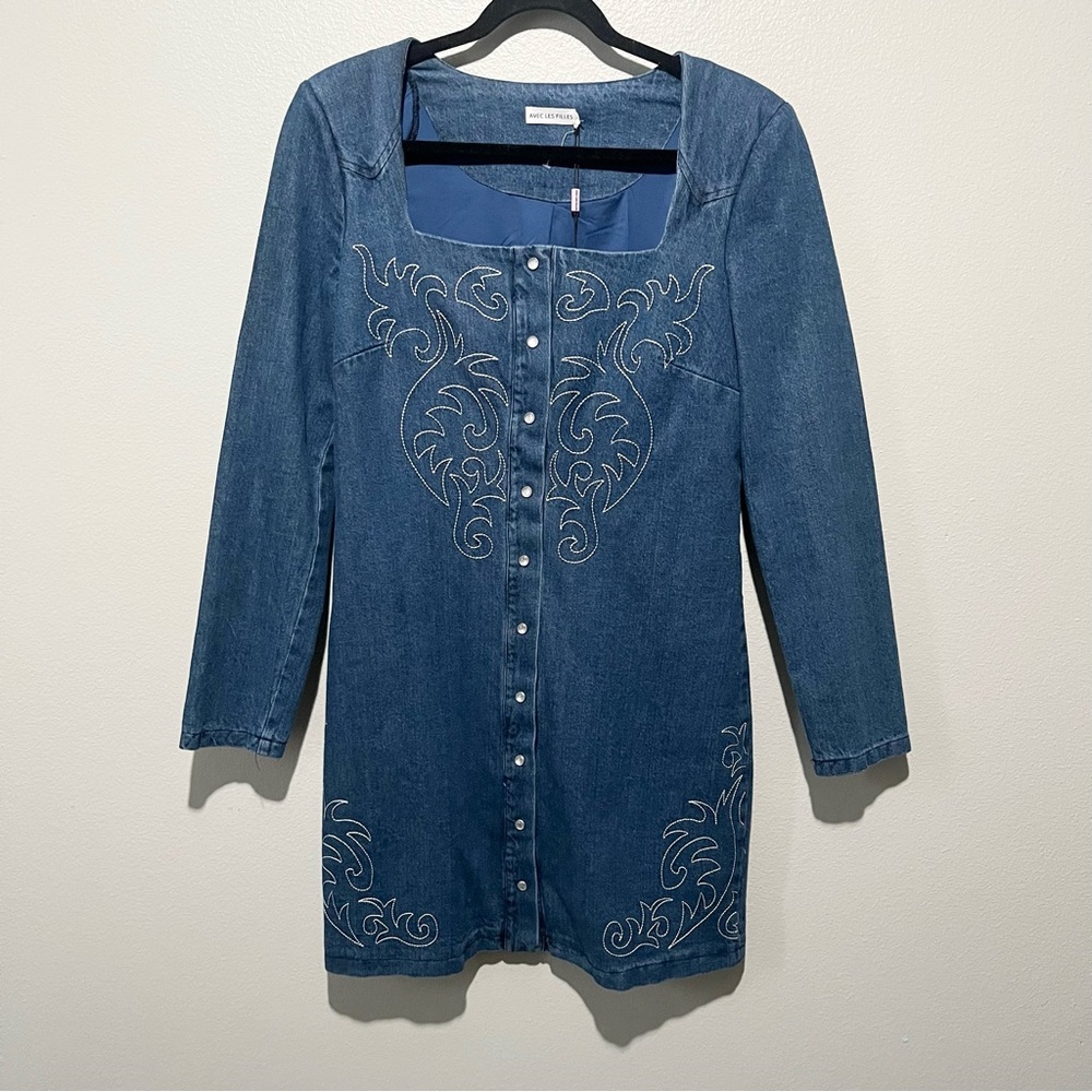 Avec Les Filles NWT Blue Denim Western Long Sleeve Dress Size 8